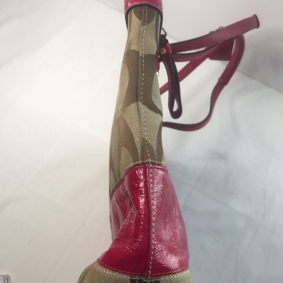 Coach Khaki Signature Stripe Patent Shoulder Tote Red Bag Handbag 12429 - Picture 16 of 16